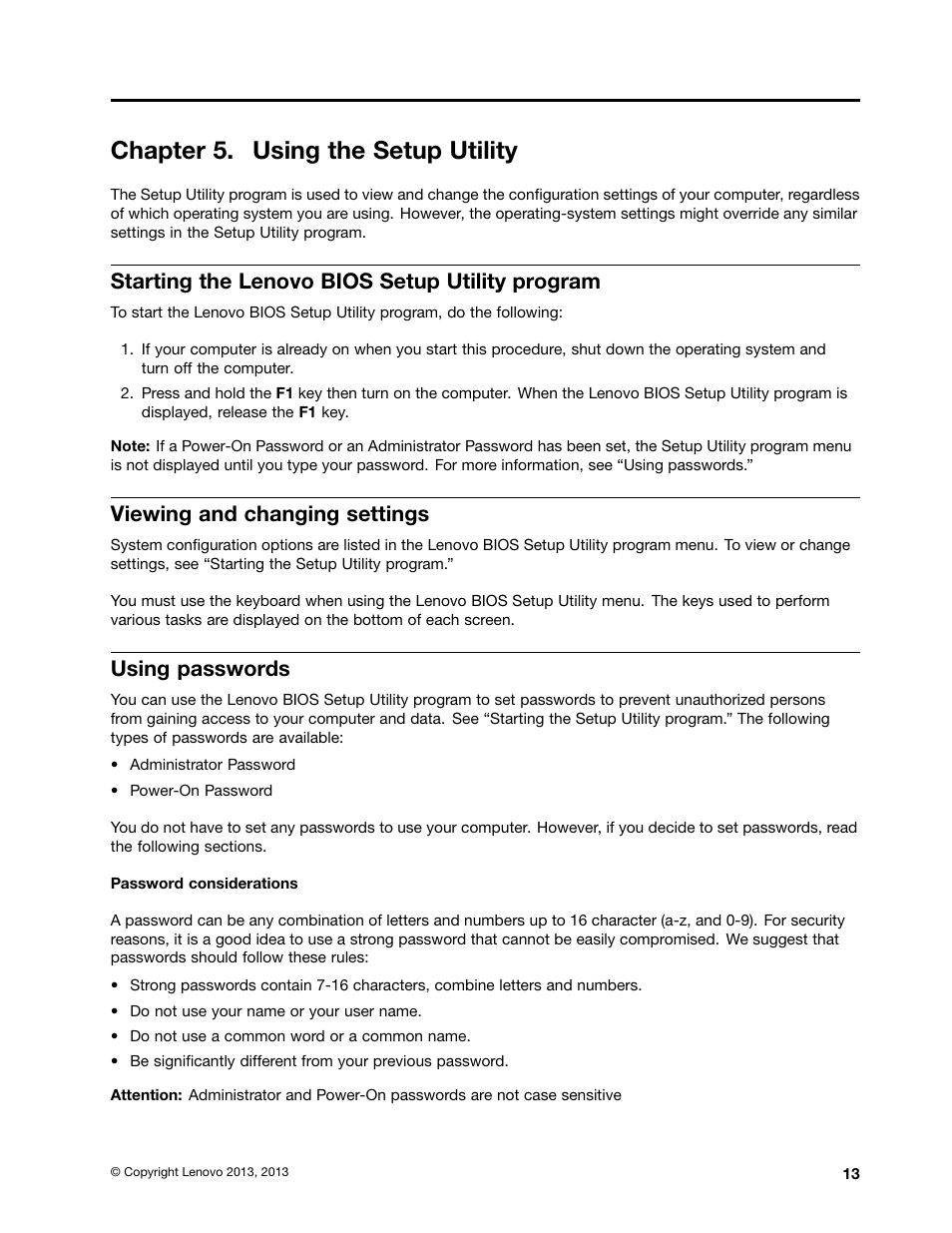 Chapter 5. using the setup utility, Starting the lenovo bios setup utility program, Viewing and changing settings | Using passwords | Lenovo Erazer X510 Desktop User Manual | Page 19 / 59