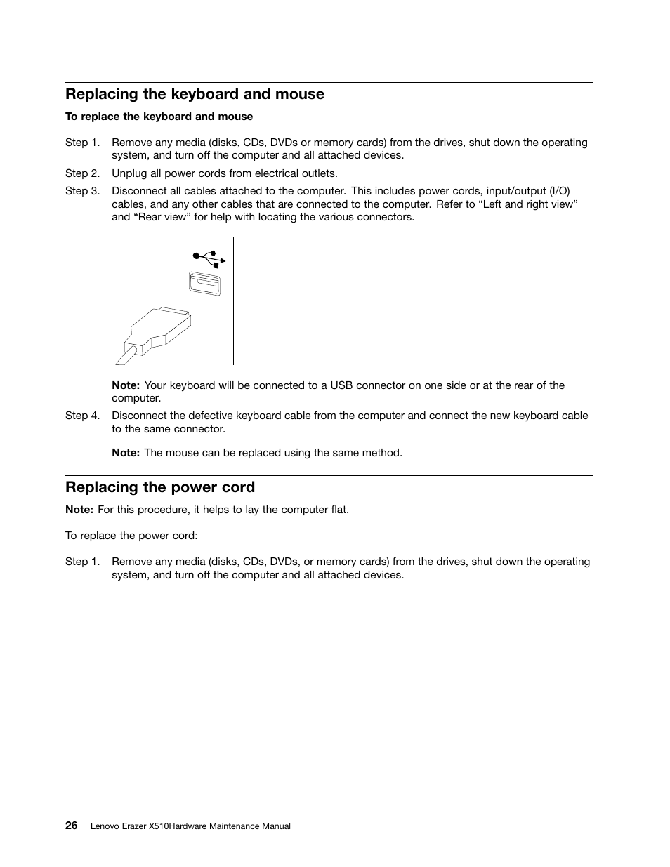 Replacing the keyboard and mouse, Replacing the power cord | Lenovo Erazer X510 Desktop User Manual | Page 32 / 59