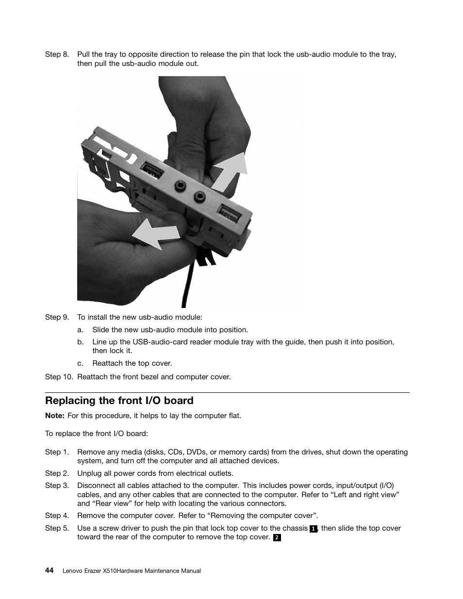 Replacing the front i/o board | Lenovo Erazer X510 Desktop User Manual | Page 50 / 59