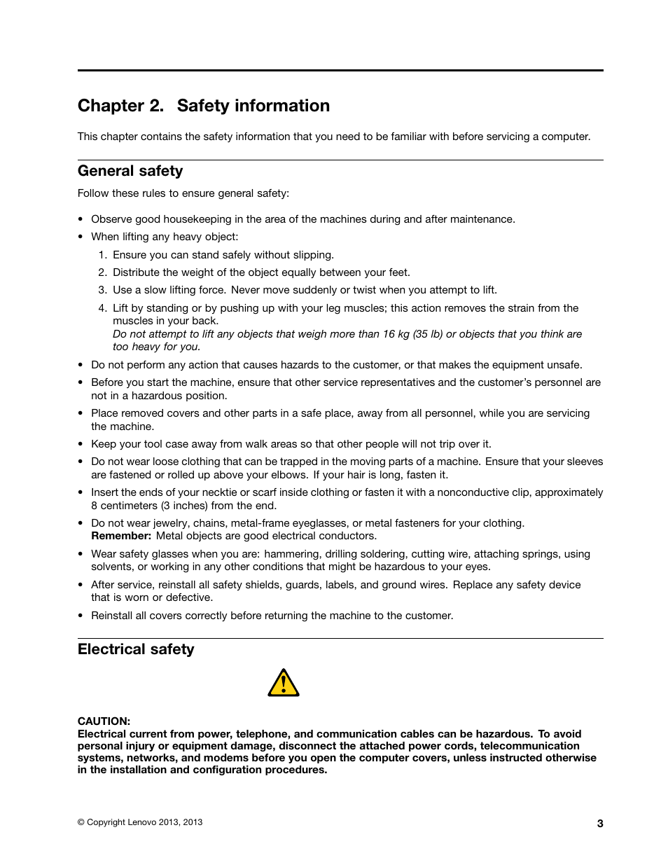 Chapter 2. safety information, General safety, Electrical safety | Lenovo Erazer X510 Desktop User Manual | Page 9 / 59