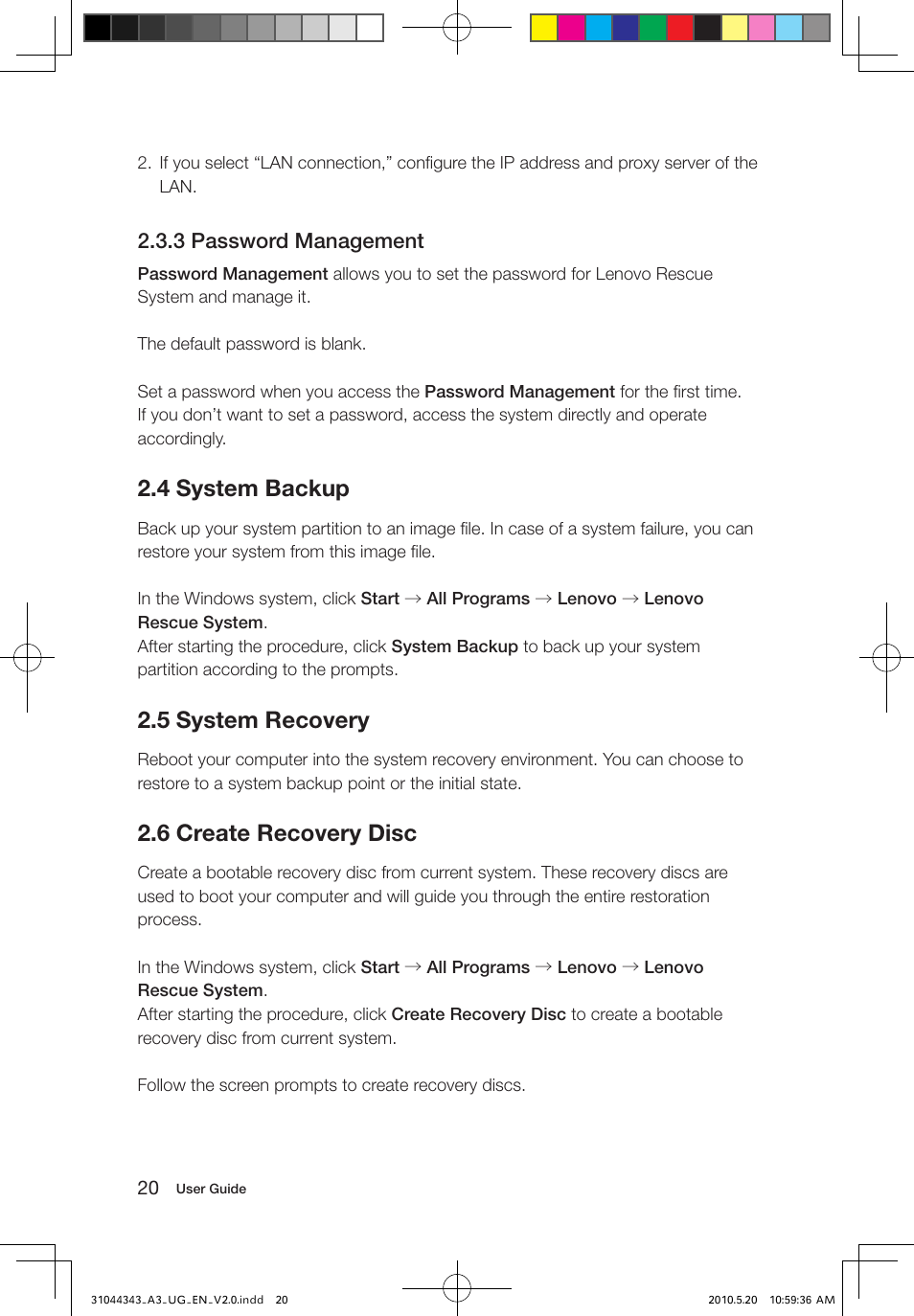 4 system backup, 5 system recovery, 6 create recovery disc | 3 password management | Lenovo IdeaCentre A310 User Manual | Page 25 / 35