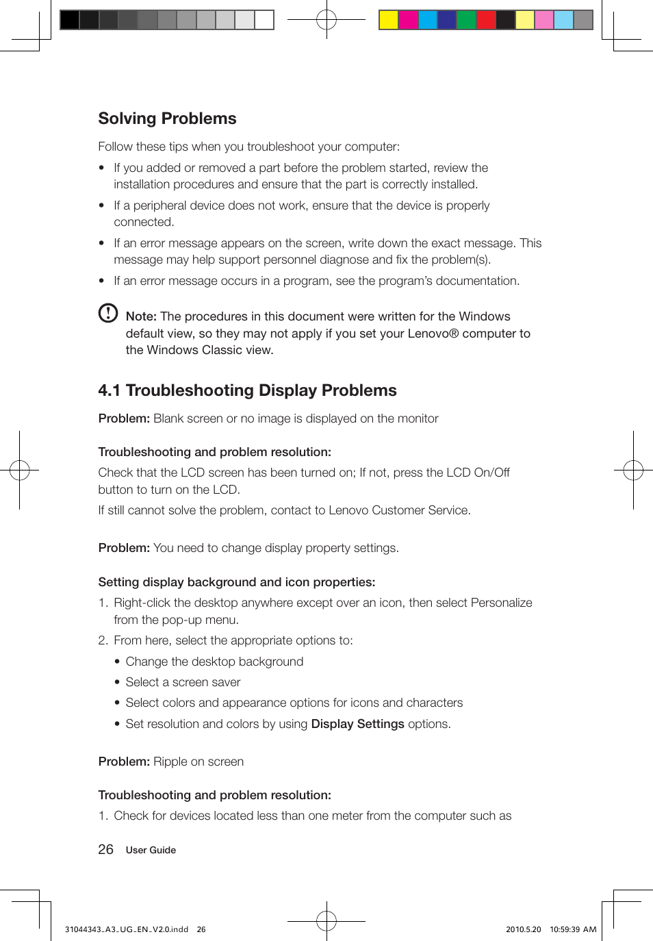 Solving problems, 1 troubleshooting display problems | Lenovo IdeaCentre A310 User Manual | Page 31 / 35