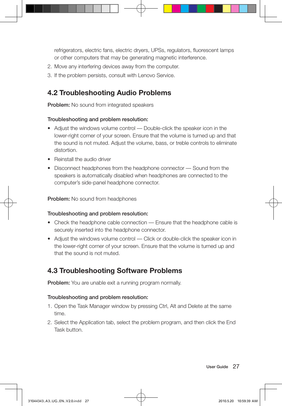 2 troubleshooting audio problems, 3 troubleshooting software problems | Lenovo IdeaCentre A310 User Manual | Page 32 / 35