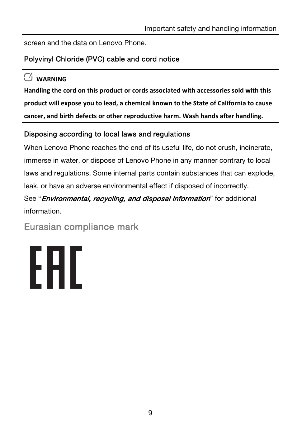 Eurasian compliance mark | Lenovo S860 Smartphone User Manual | Page 12 / 21