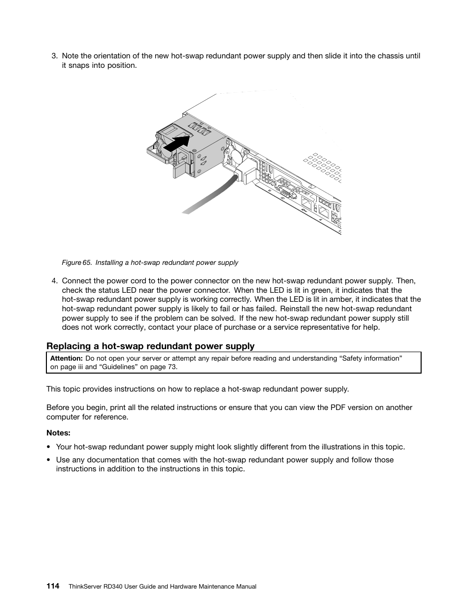 Replacing a hot-swap redundant power supply | Lenovo ThinkServer RD340 User Manual | Page 126 / 214