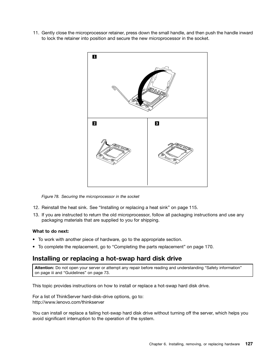 Installing or replacing a hot-swap hard disk drive | Lenovo ThinkServer RD340 User Manual | Page 139 / 214