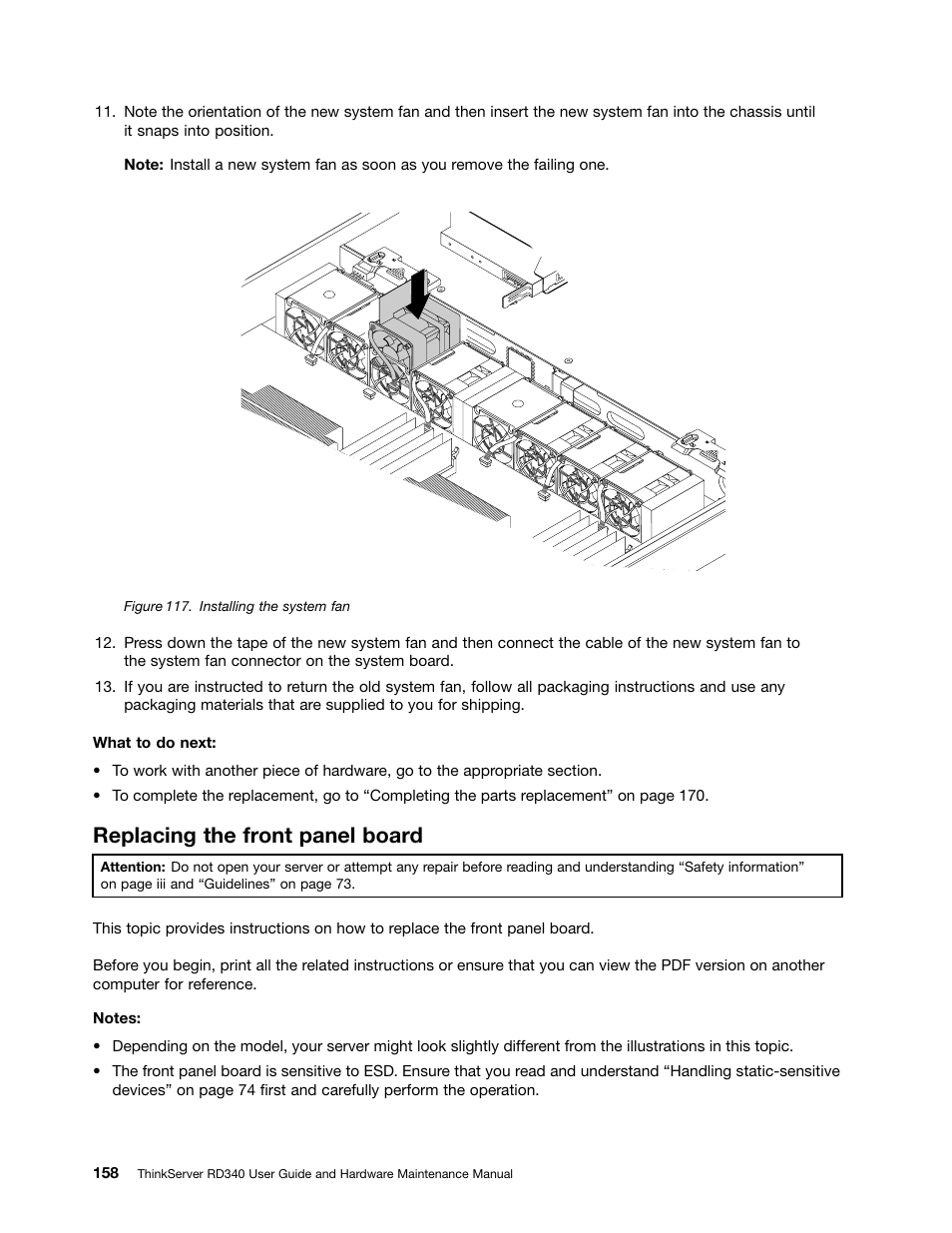 Replacing the front panel board | Lenovo ThinkServer RD340 User Manual | Page 170 / 214