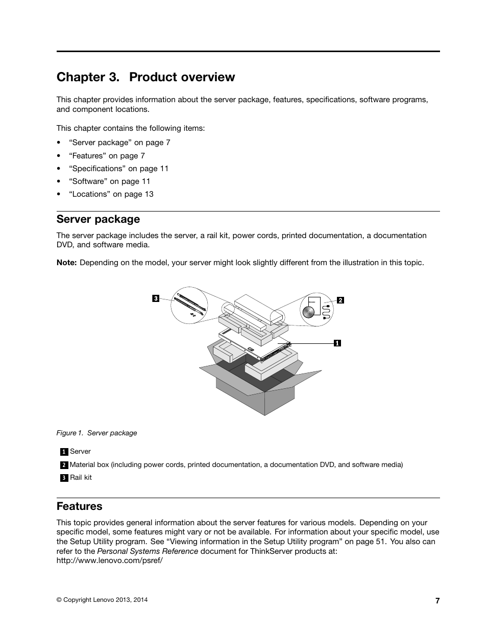 Chapter 3. product overview, Server package, Features | Lenovo ThinkServer RD340 User Manual | Page 19 / 214