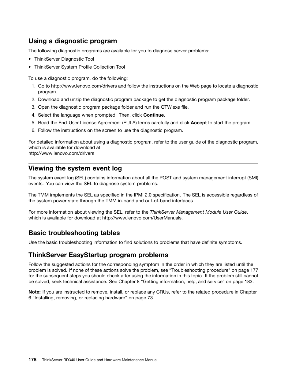 Using a diagnostic program, Viewing the system event log, Basic troubleshooting tables | Thinkserver easystartup program problems | Lenovo ThinkServer RD340 User Manual | Page 190 / 214