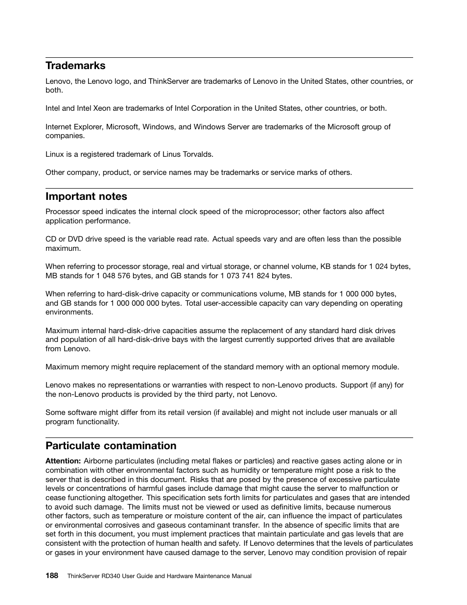 Trademarks, Important notes, Particulate contamination | Lenovo ThinkServer RD340 User Manual | Page 200 / 214