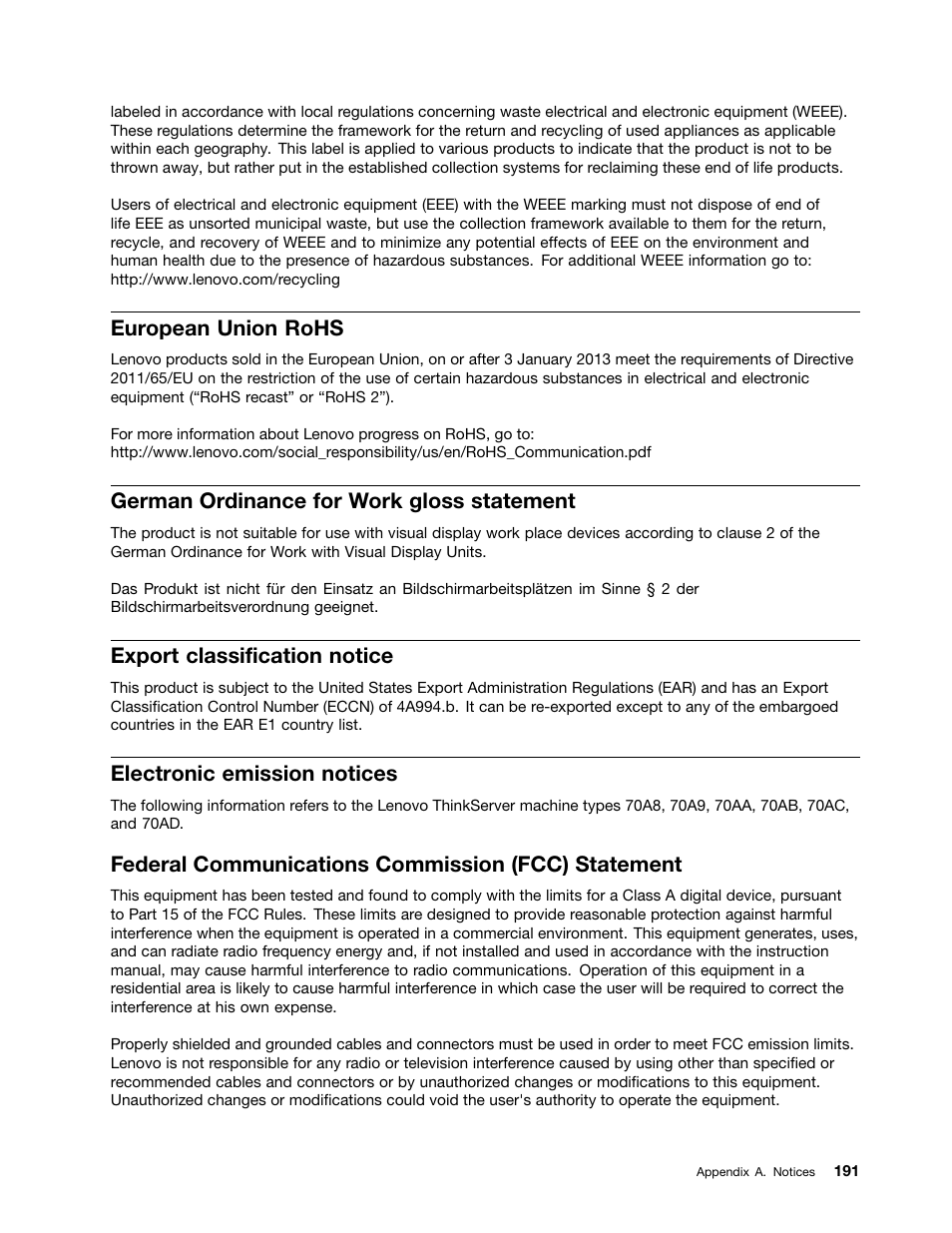 European union rohs, German ordinance for work gloss statement, Export classification notice | Electronic emission notices, Federal communications commission (fcc) statement | Lenovo ThinkServer RD340 User Manual | Page 203 / 214