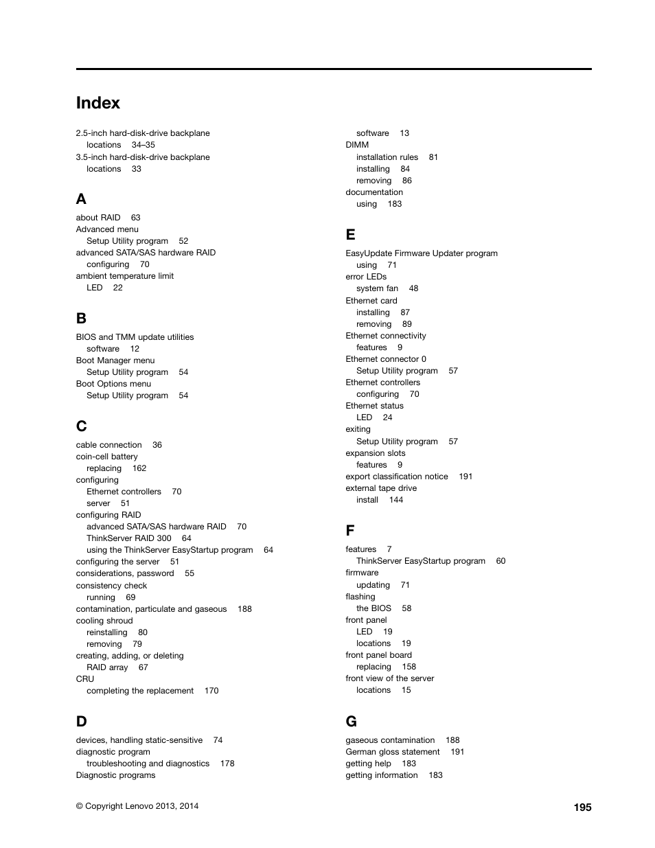 Index | Lenovo ThinkServer RD340 User Manual | Page 207 / 214