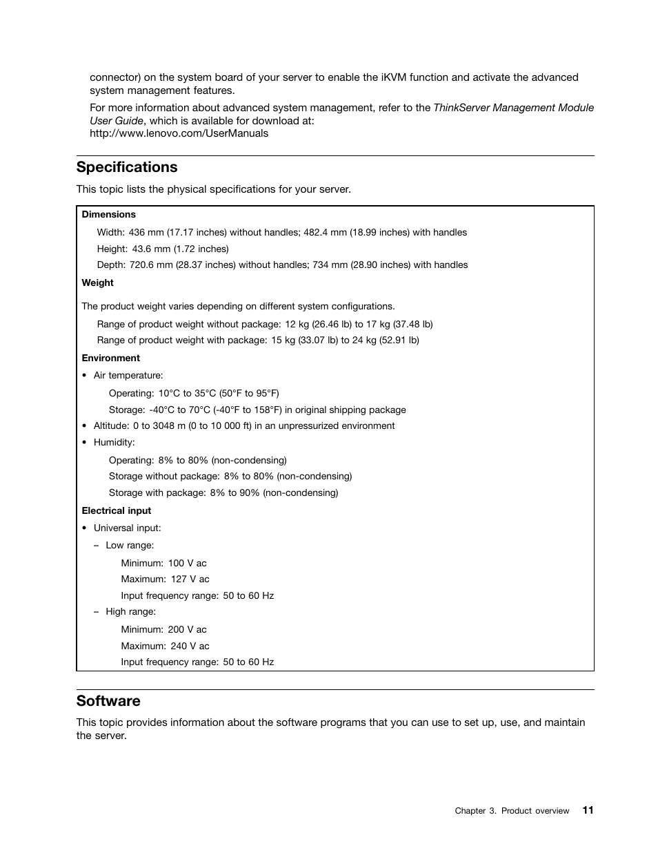 Specifications, Software | Lenovo ThinkServer RD340 User Manual | Page 23 / 214