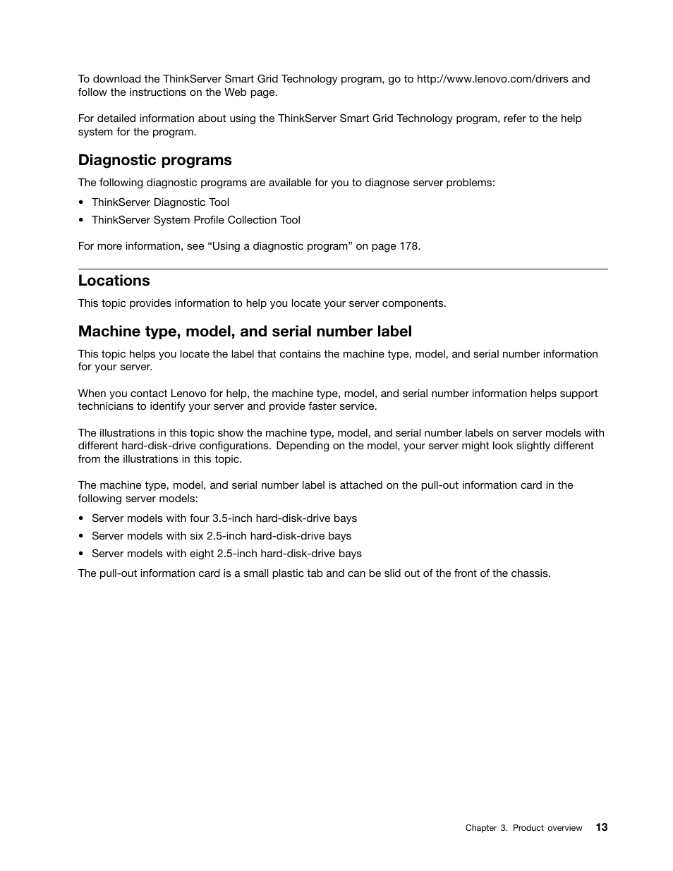 Diagnostic programs, Locations, Machine type, model, and serial number label | Lenovo ThinkServer RD340 User Manual | Page 25 / 214