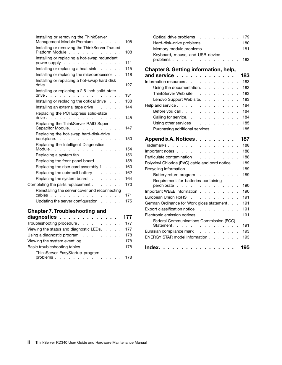 Chapter 7. troubleshooting and diagnostics, Chapter 8. getting information, help, and service, Appendix a. notices | Index | Lenovo ThinkServer RD340 User Manual | Page 4 / 214