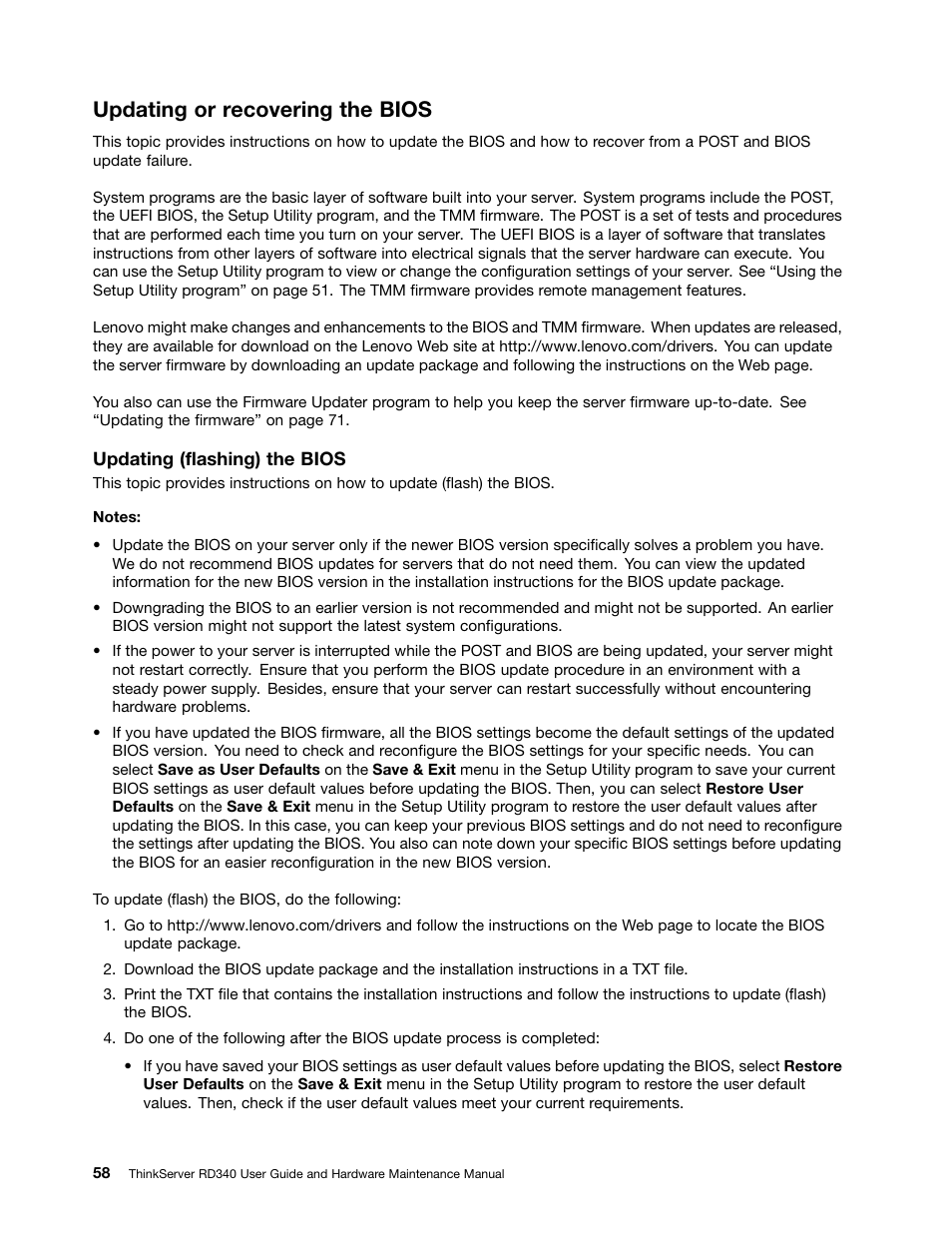 Updating or recovering the bios, Updating (flashing) the bios | Lenovo ThinkServer RD340 User Manual | Page 70 / 214