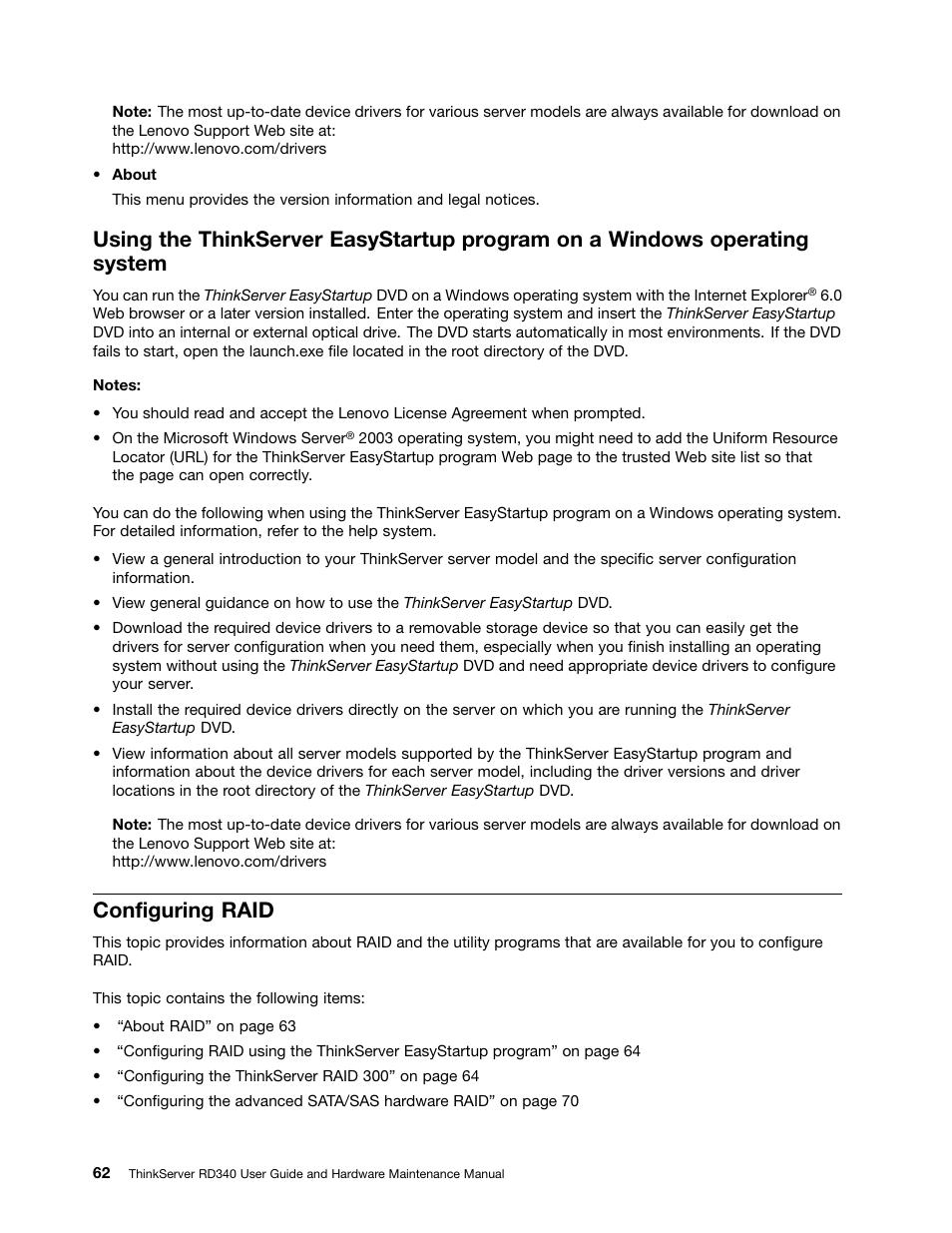 Configuring raid | Lenovo ThinkServer RD340 User Manual | Page 74 / 214