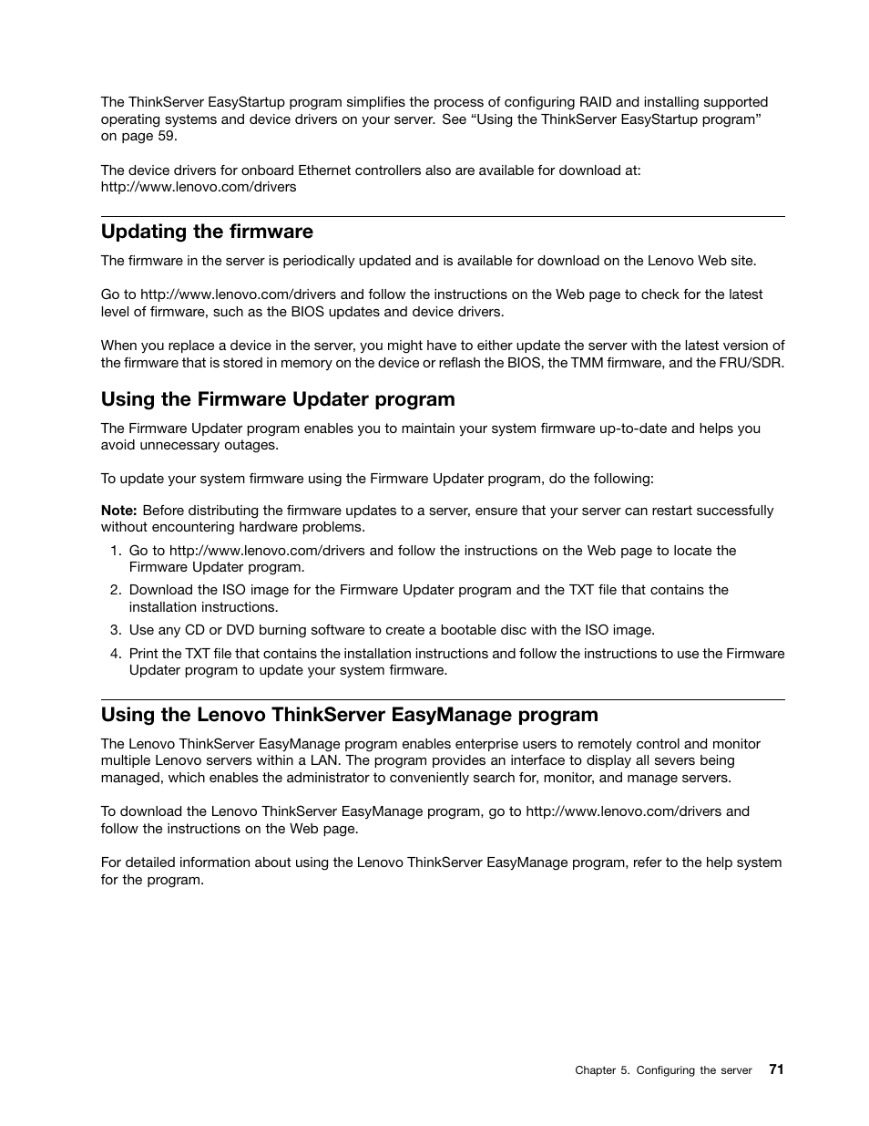 Updating the firmware, Using the firmware updater program, Using the lenovo thinkserver easymanage program | Lenovo ThinkServer RD340 User Manual | Page 83 / 214