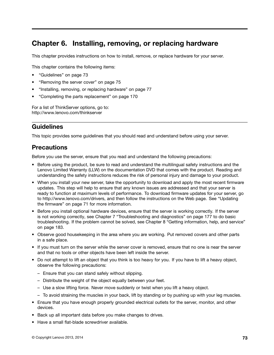 Guidelines, Precautions, Chapter 6 “installing, removing | Lenovo ThinkServer RD340 User Manual | Page 85 / 214