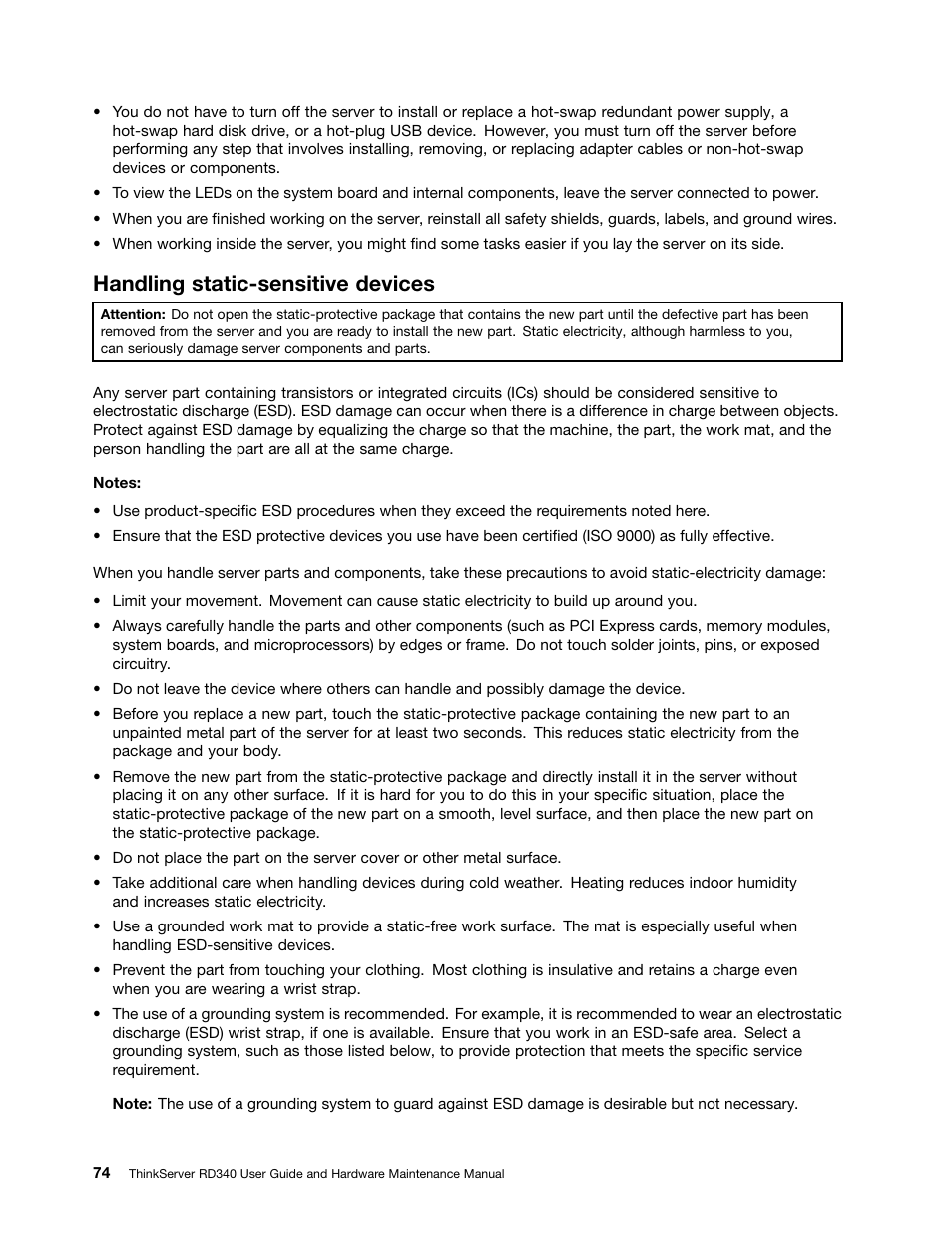 Handling static-sensitive devices | Lenovo ThinkServer RD340 User Manual | Page 86 / 214