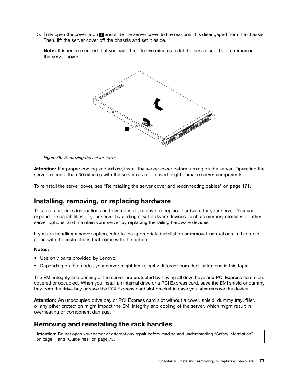 Installing, removing, or replacing hardware, Removing and reinstalling the rack handles | Lenovo ThinkServer RD340 User Manual | Page 89 / 214