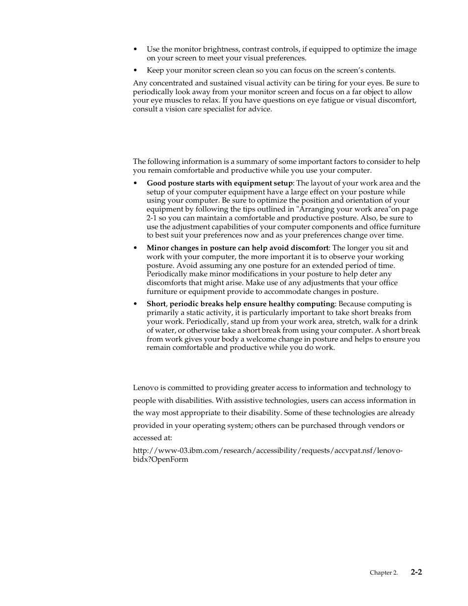 Quick tips for healthy work habits, Accessibility information, Accessibility information -2 | Lenovo ThinkVision T2220 21.5-inch WLED Backlit LCD Monitor User Manual | Page 13 / 35