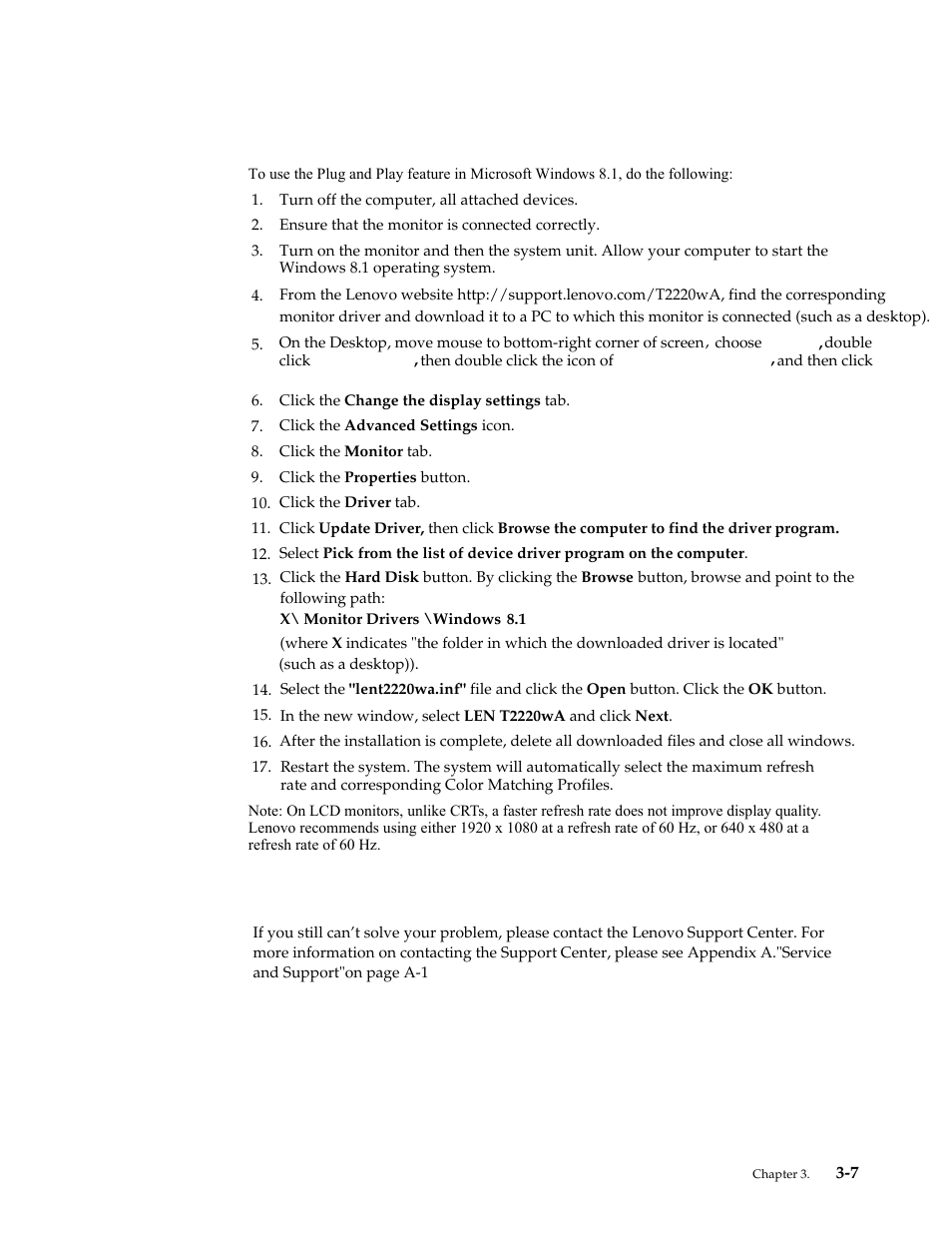 Installing the monitor driver in windows 8.1, Getting further help, Installing the monitor driver in windows 8.1 -7 | Getting further help -7 | Lenovo ThinkVision T2220 21.5-inch WLED Backlit LCD Monitor User Manual | Page 28 / 35