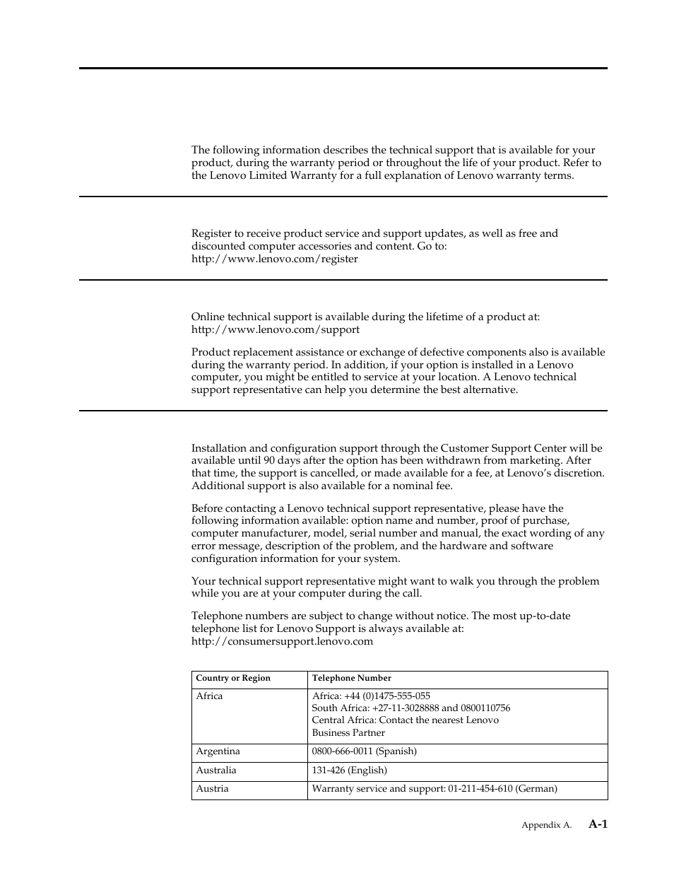 Appendix a. service and support, Appendix a, Service and support | Registering your option, Online technical support, Telephone technical support | Lenovo ThinkVision T2220 21.5-inch WLED Backlit LCD Monitor User Manual | Page 30 / 35