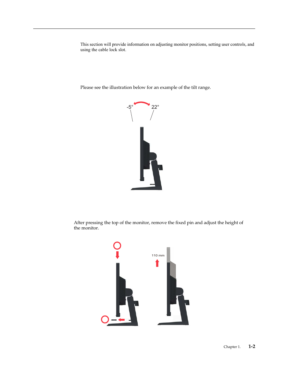 Product overview, Types of adjustments, Tilt | Height adjustment, Product overview -2, Types of adjustments -2, Tilt -2 height adjustment -2, Types of adjustments tilt | Lenovo ThinkVision T2220 21.5-inch WLED Backlit LCD Monitor User Manual | Page 6 / 35