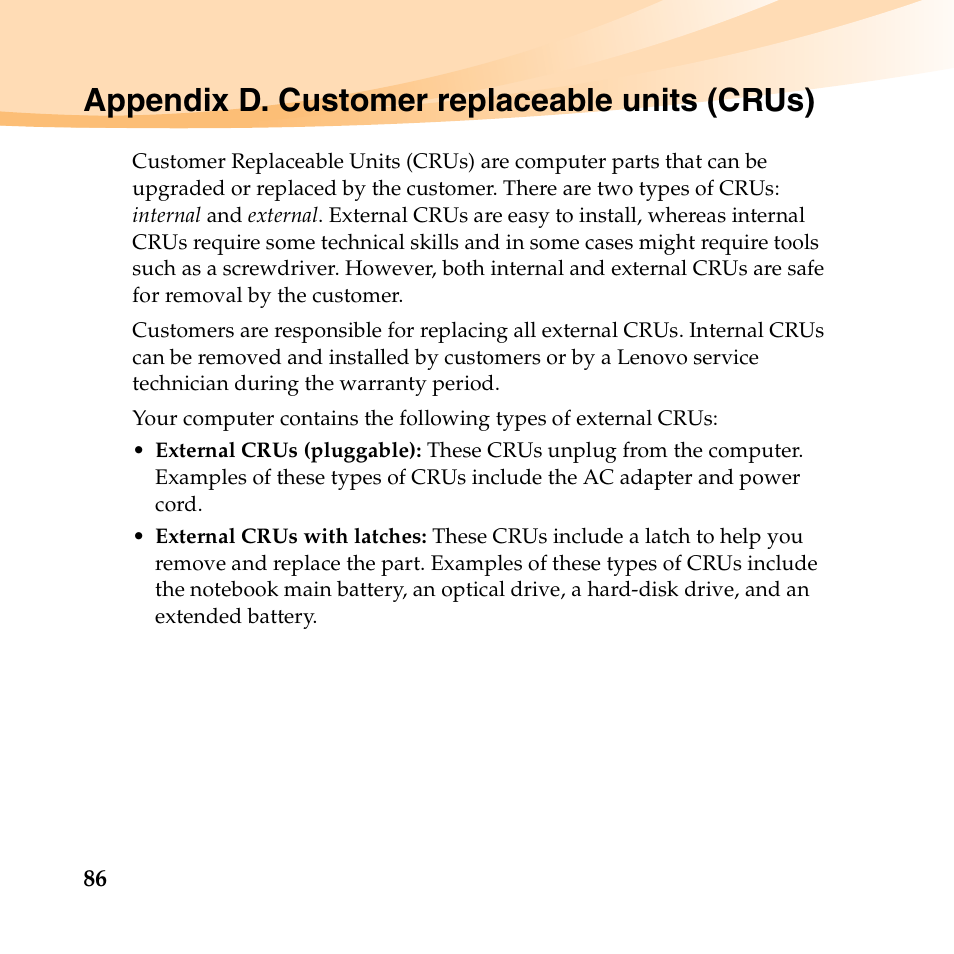 Appendix d. customer replaceable units (crus) | Lenovo B450 Notebook User Manual | Page 100 / 128