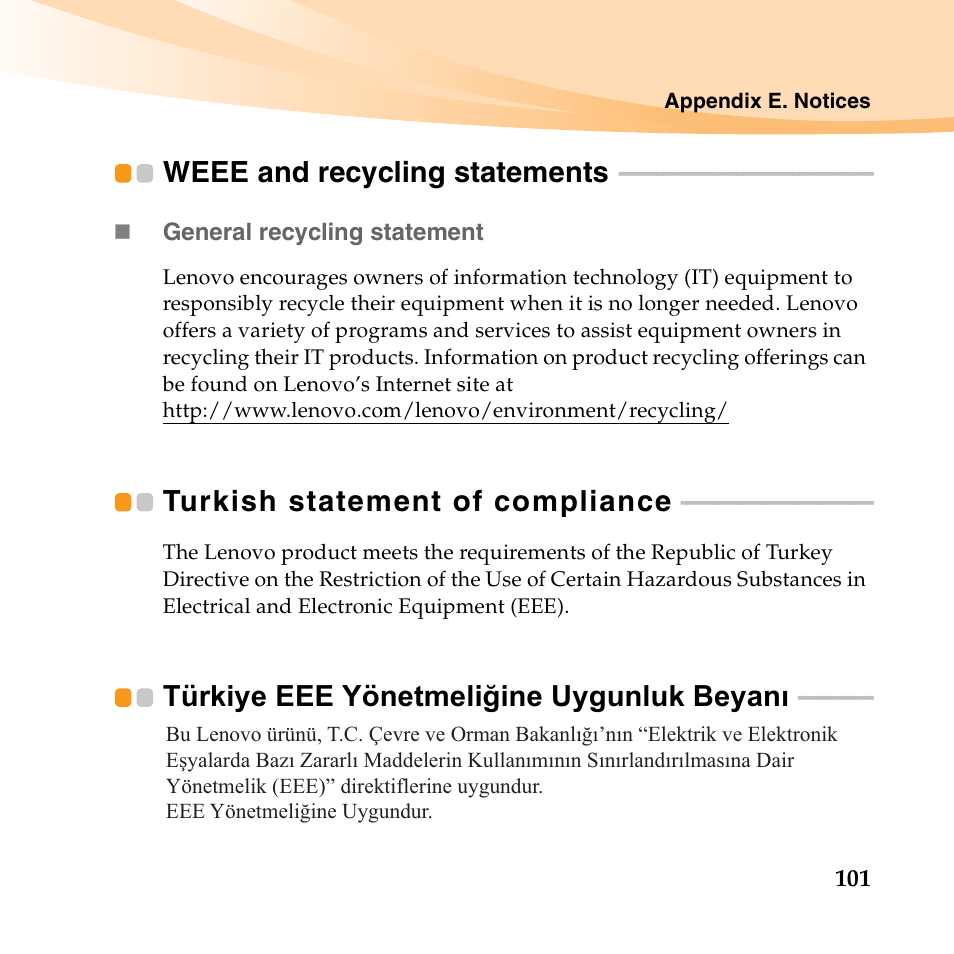Weee and recycling statements, Turkish statement of compliance, Türkiye eee yönetmeliğine uygunluk beyanı | Lenovo B450 Notebook User Manual | Page 115 / 128