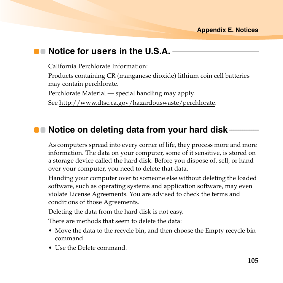 Notice for users in the u.s.a, Notice on deleting data from your hard disk | Lenovo B450 Notebook User Manual | Page 119 / 128