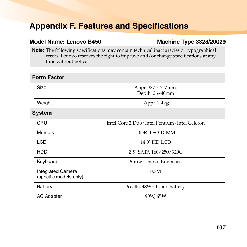 Appendix f. features and specifications | Lenovo B450 Notebook User Manual | Page 121 / 128