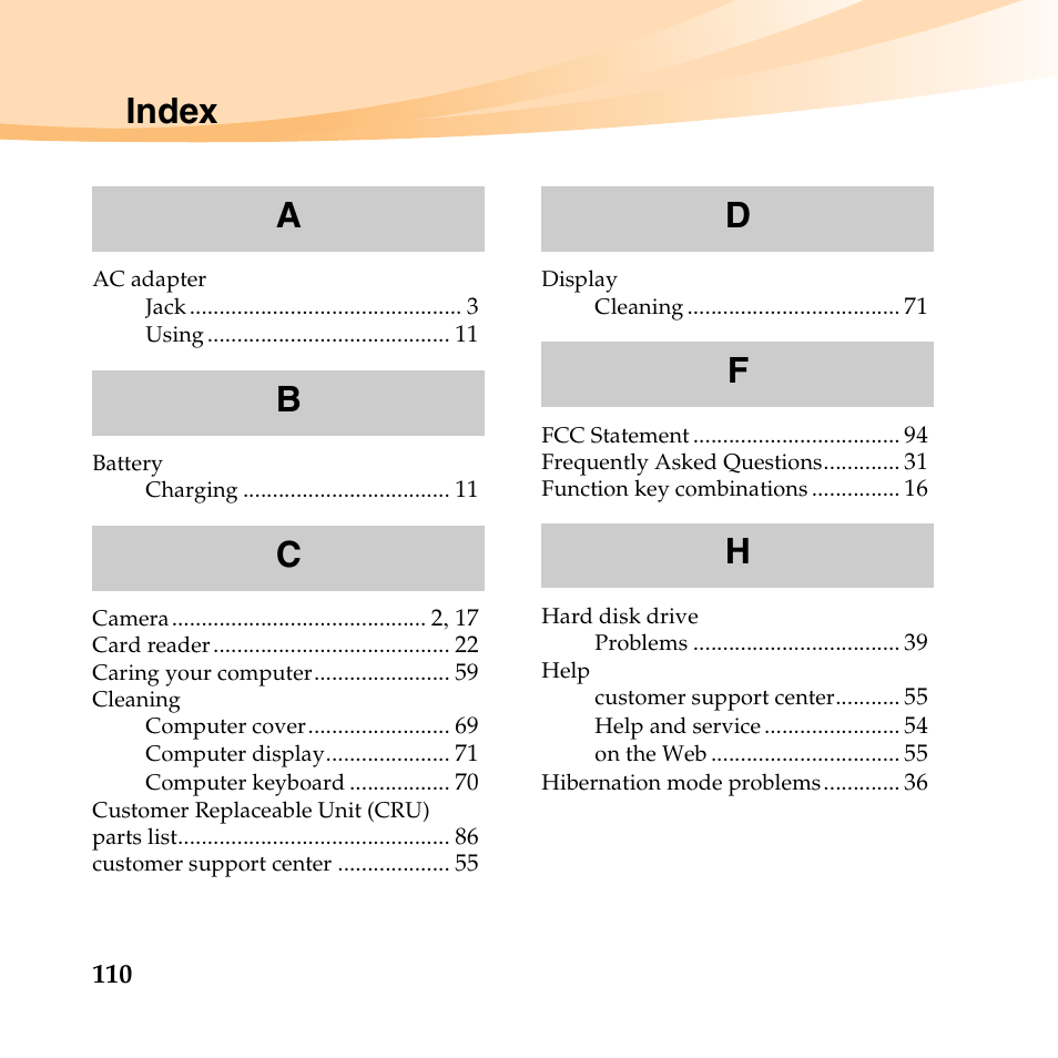 Index | Lenovo B450 Notebook User Manual | Page 124 / 128