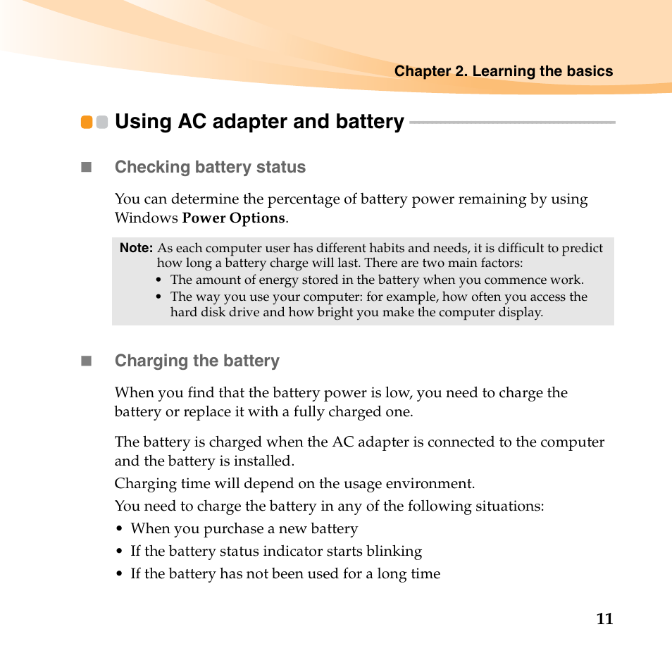 Using ac adapter and battery | Lenovo B450 Notebook User Manual | Page 25 / 128