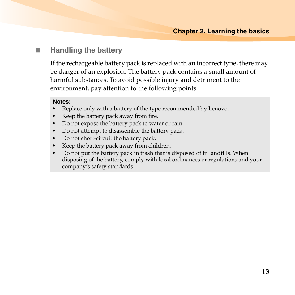 13  handling the battery | Lenovo B450 Notebook User Manual | Page 27 / 128