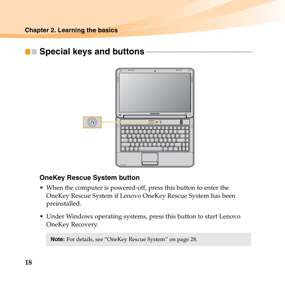 Special keys and buttons | Lenovo B450 Notebook User Manual | Page 32 / 128