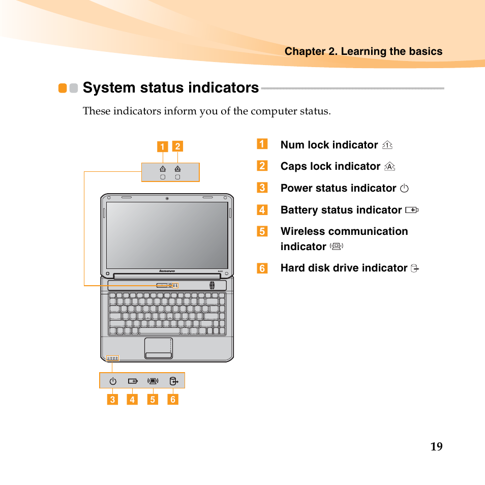 System status indicators | Lenovo B450 Notebook User Manual | Page 33 / 128