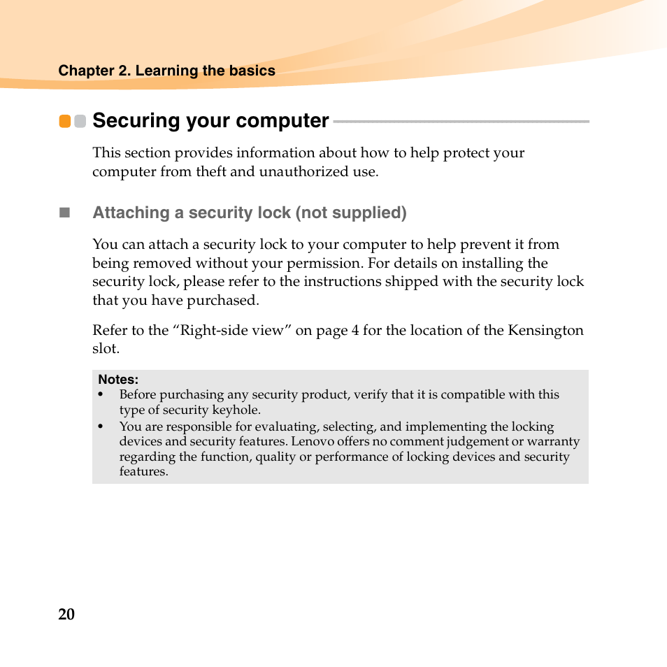Securing your computer | Lenovo B450 Notebook User Manual | Page 34 / 128