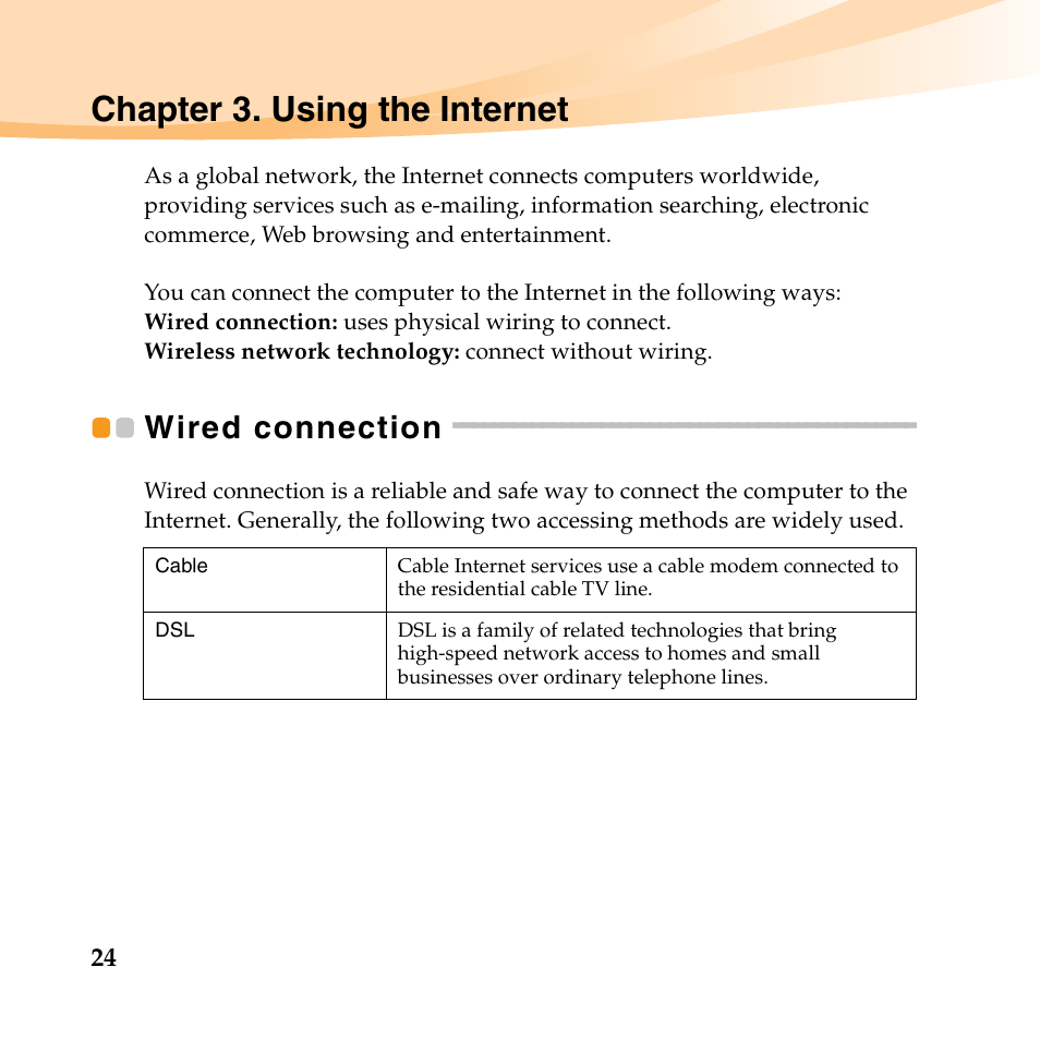 Chapter 3. using the internet, Wired connection | Lenovo B450 Notebook User Manual | Page 38 / 128