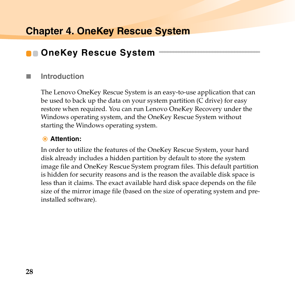 Chapter 4. onekey rescue system, Onekey rescue system | Lenovo B450 Notebook User Manual | Page 42 / 128