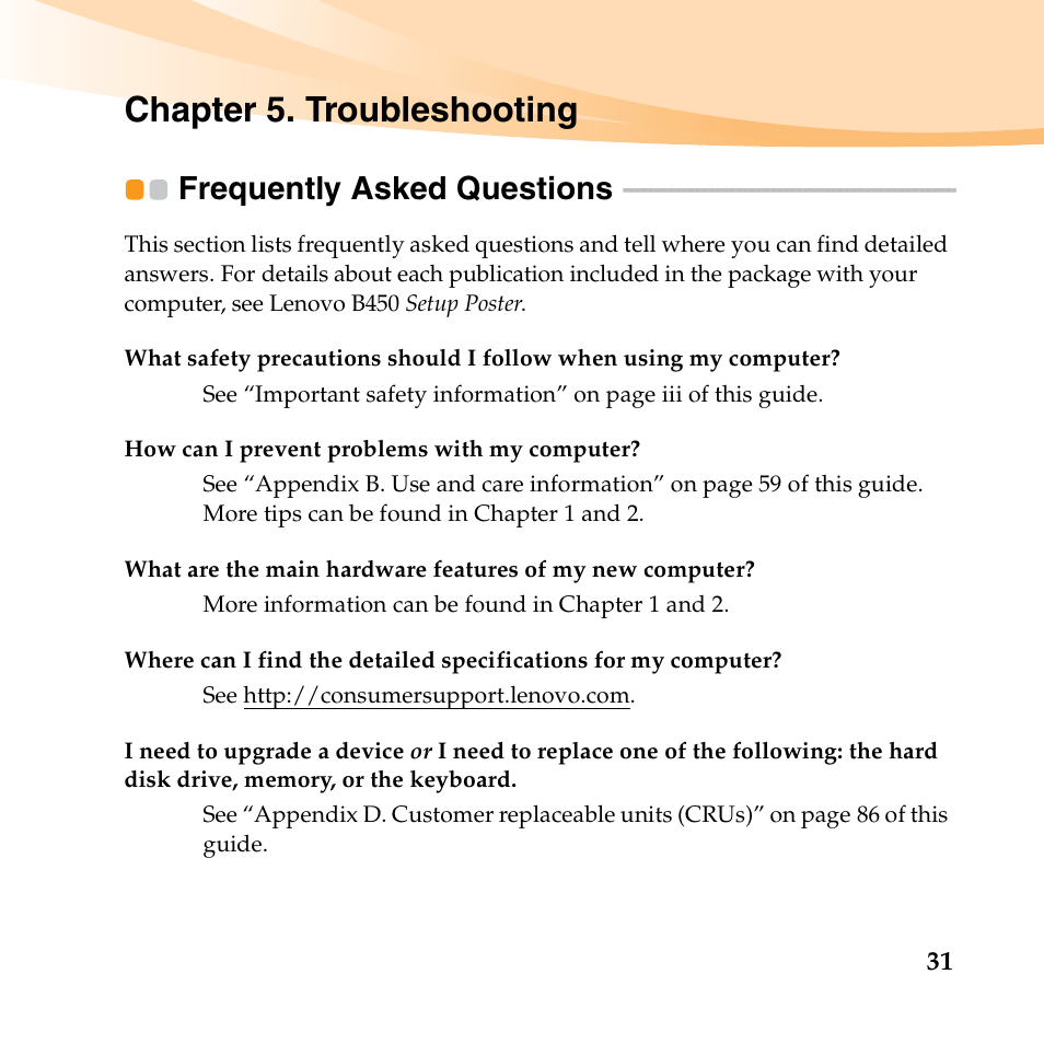 Chapter 5. troubleshooting, Frequently asked questions | Lenovo B450 Notebook User Manual | Page 45 / 128