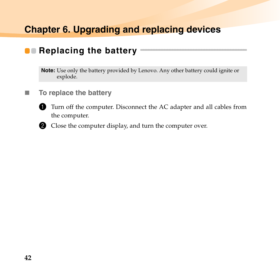 Chapter 6. upgrading and replacing devices, Replacing the battery | Lenovo B450 Notebook User Manual | Page 56 / 128