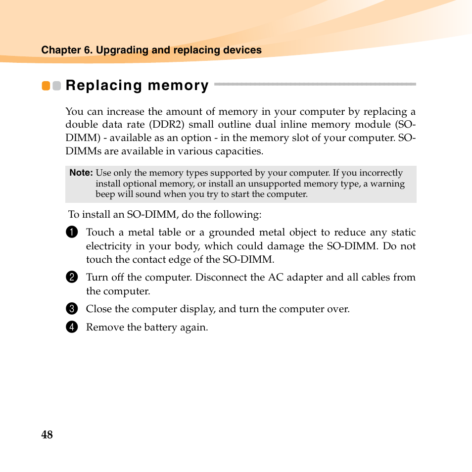 Replacing memory | Lenovo B450 Notebook User Manual | Page 62 / 128