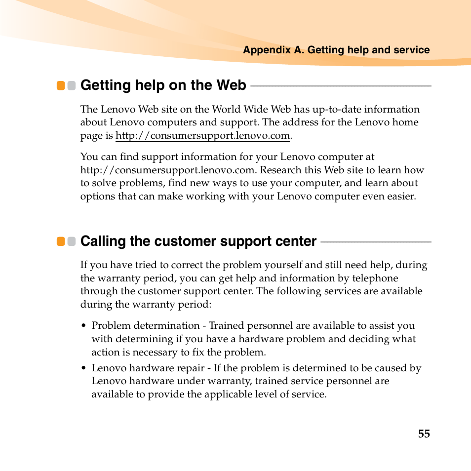Getting help on the web, Calling the customer support center | Lenovo B450 Notebook User Manual | Page 69 / 128