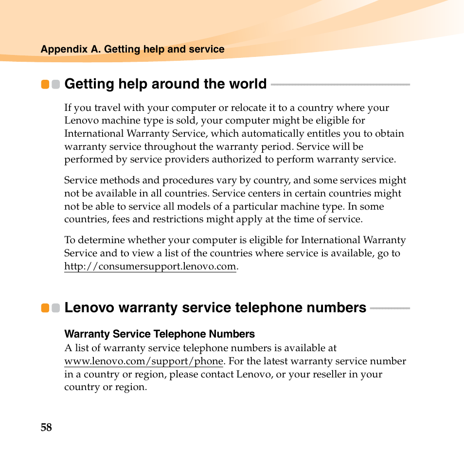 Getting help around the world, Lenovo warranty service telephone numbers | Lenovo B450 Notebook User Manual | Page 72 / 128