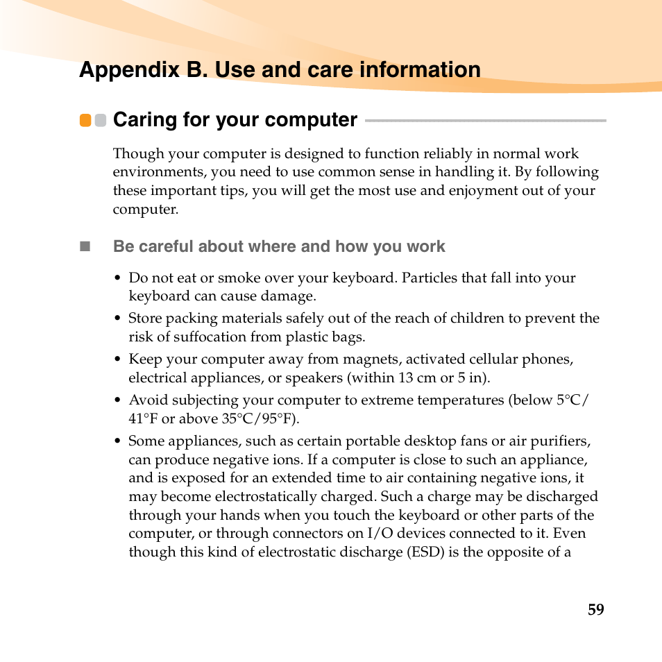 Appendix b. use and care information, Caring for your computer | Lenovo B450 Notebook User Manual | Page 73 / 128