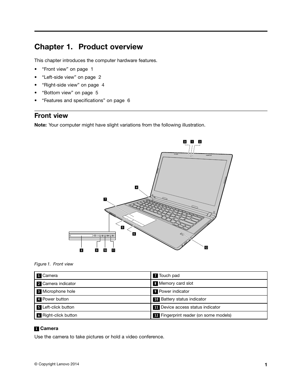 Chapter 1. product overview, Front view | Lenovo E40-70 Notebook User Manual | Page 15 / 70