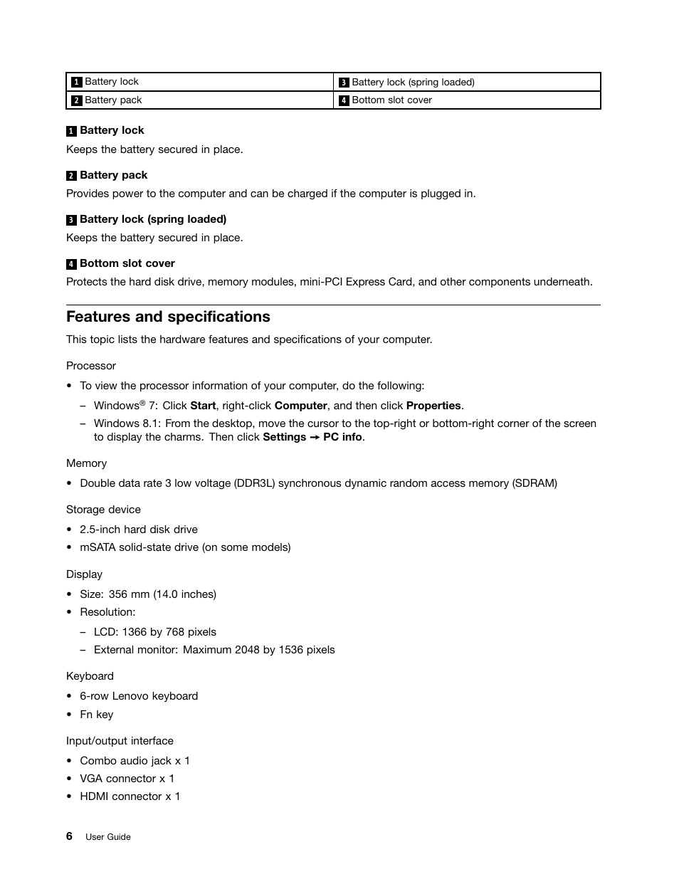 Features and specifications | Lenovo E40-70 Notebook User Manual | Page 20 / 70
