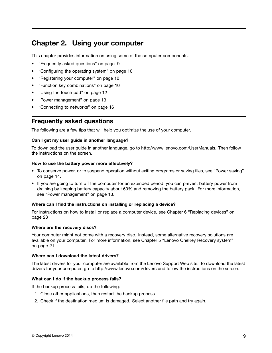 Chapter 2. using your computer, Frequently asked questions | Lenovo E40-70 Notebook User Manual | Page 23 / 70